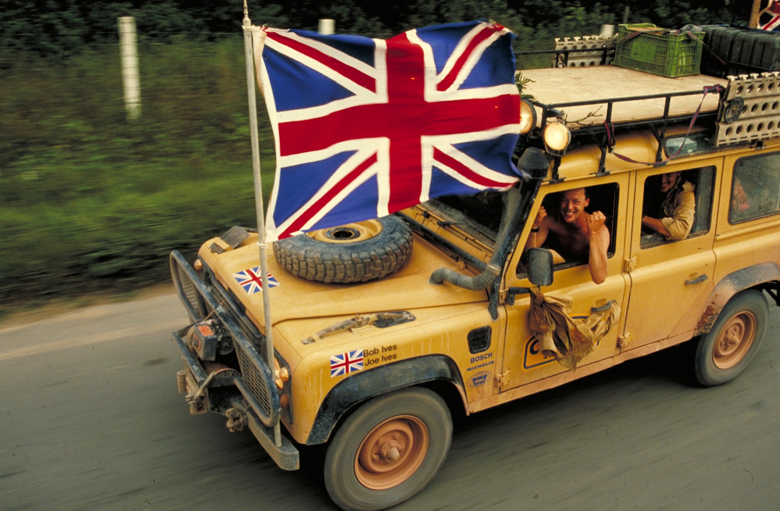 Bob and Joe Ives in their sandglow One Ten, names on the wing and Union flag flying, on the 1989 event.