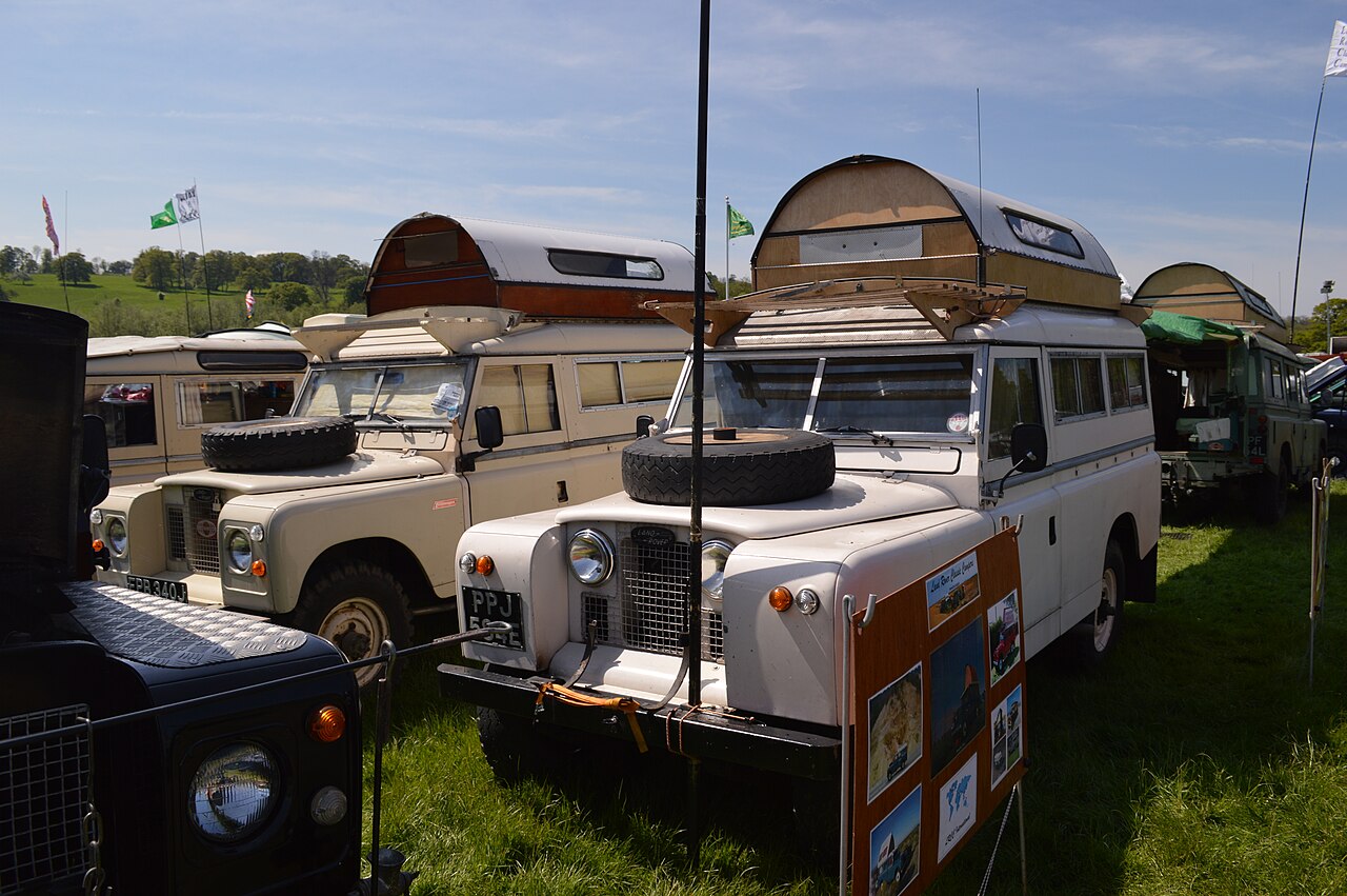 A vehicle they built: a Land Rover Carawagon with the Searle elevating arched roof raised, Land Rover Spring Adventure, Ripley, North Yorkshire.